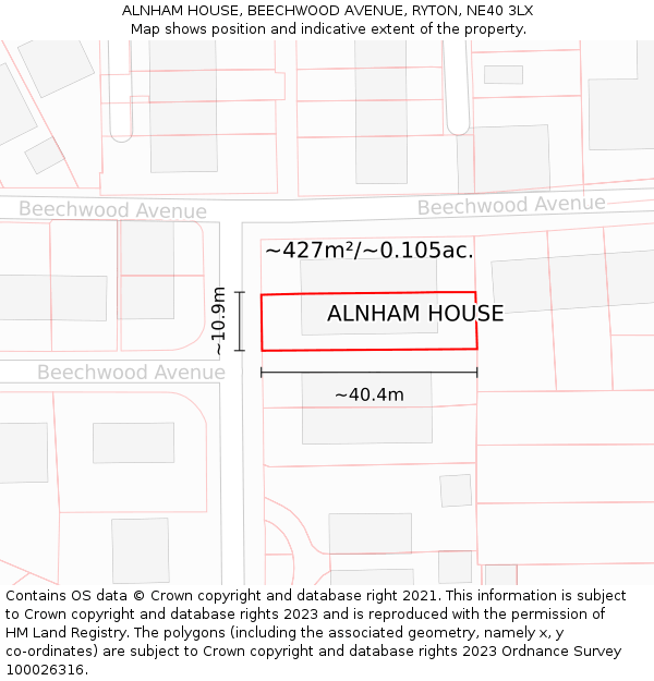 ALNHAM HOUSE, BEECHWOOD AVENUE, RYTON, NE40 3LX: Plot and title map