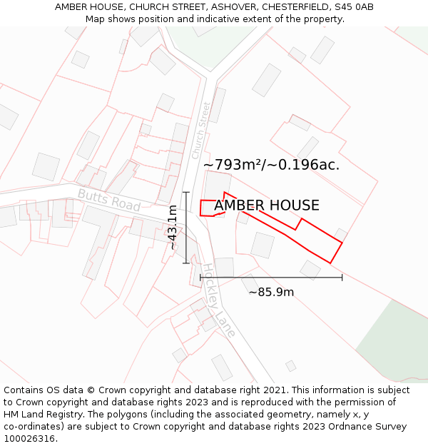 AMBER HOUSE, CHURCH STREET, ASHOVER, CHESTERFIELD, S45 0AB: Plot and title map