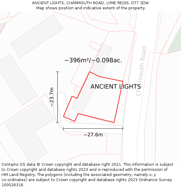 ANCIENT LIGHTS, CHARMOUTH ROAD, LYME REGIS, DT7 3DW: Plot and title map