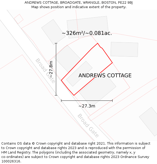 ANDREWS COTTAGE, BROADGATE, WRANGLE, BOSTON, PE22 9BJ: Plot and title map