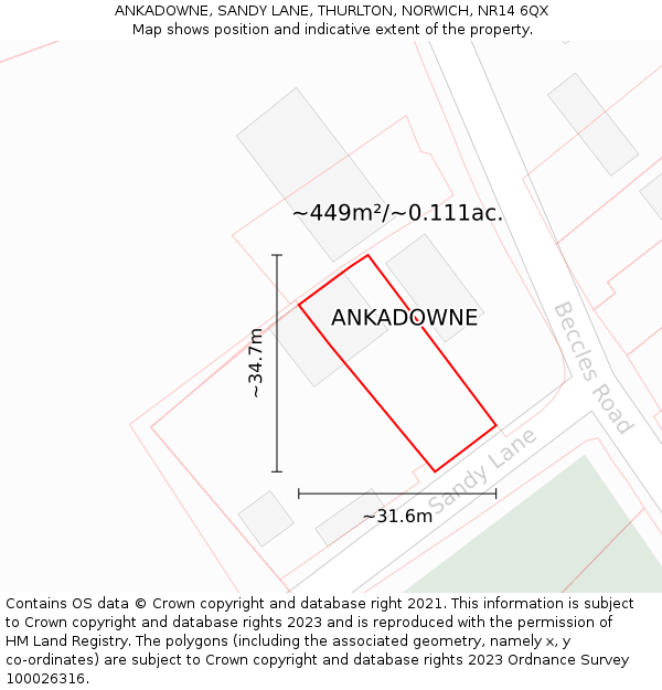 ANKADOWNE, SANDY LANE, THURLTON, NORWICH, NR14 6QX: Plot and title map