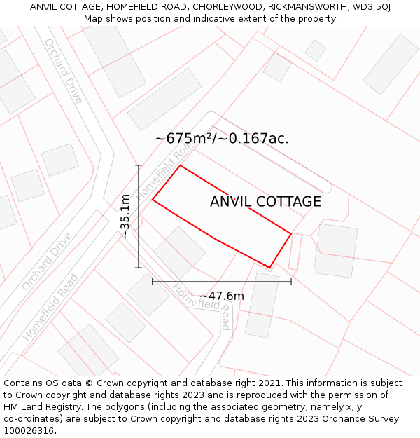 ANVIL COTTAGE, HOMEFIELD ROAD, CHORLEYWOOD, RICKMANSWORTH, WD3 5QJ: Plot and title map