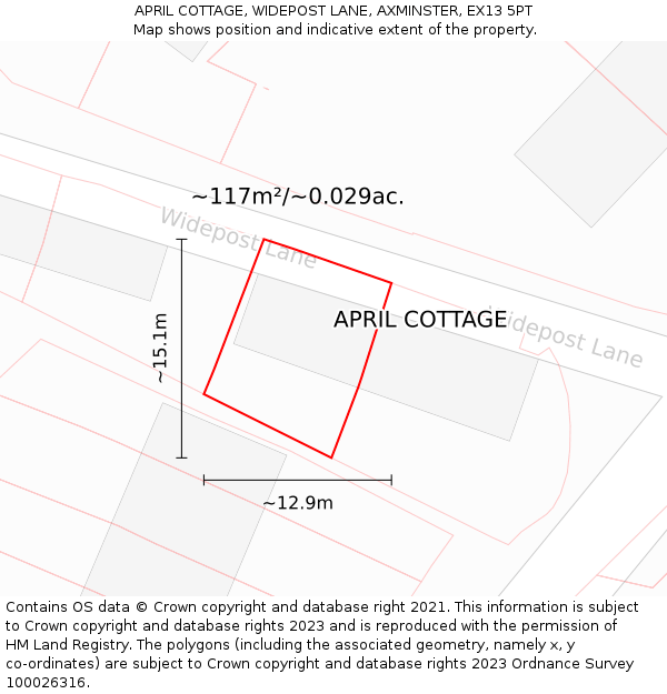 APRIL COTTAGE, WIDEPOST LANE, AXMINSTER, EX13 5PT: Plot and title map