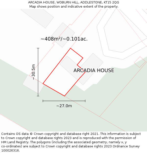 ARCADIA HOUSE, WOBURN HILL, ADDLESTONE, KT15 2QG: Plot and title map