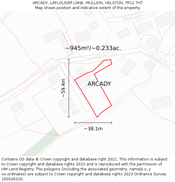 ARCADY, LAFLOUDER LANE, MULLION, HELSTON, TR12 7HT: Plot and title map