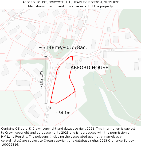 ARFORD HOUSE, BOWCOTT HILL, HEADLEY, BORDON, GU35 8DF: Plot and title map