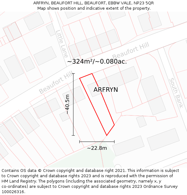 ARFRYN, BEAUFORT HILL, BEAUFORT, EBBW VALE, NP23 5QR: Plot and title map