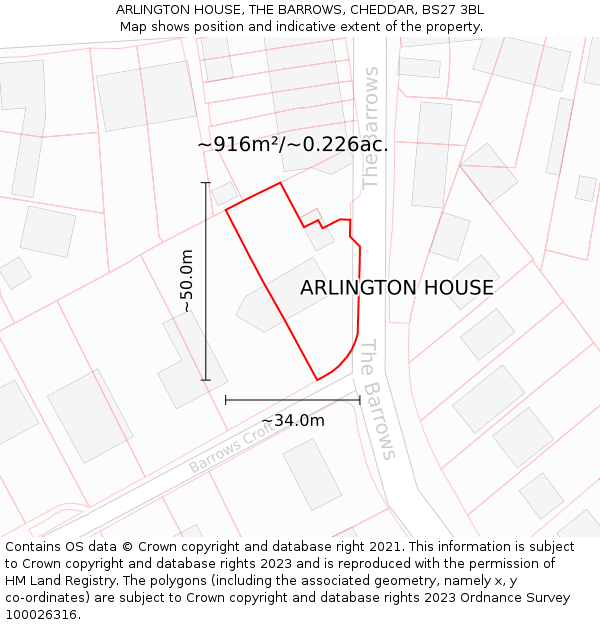 ARLINGTON HOUSE, THE BARROWS, CHEDDAR, BS27 3BL: Plot and title map