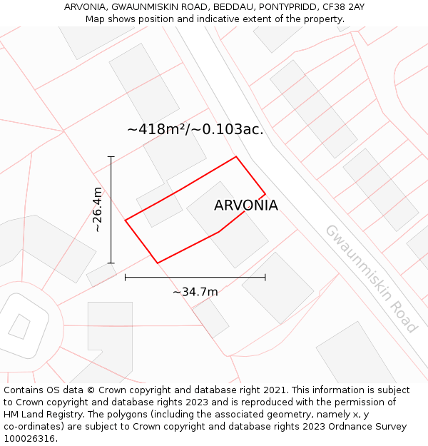 ARVONIA, GWAUNMISKIN ROAD, BEDDAU, PONTYPRIDD, CF38 2AY: Plot and title map