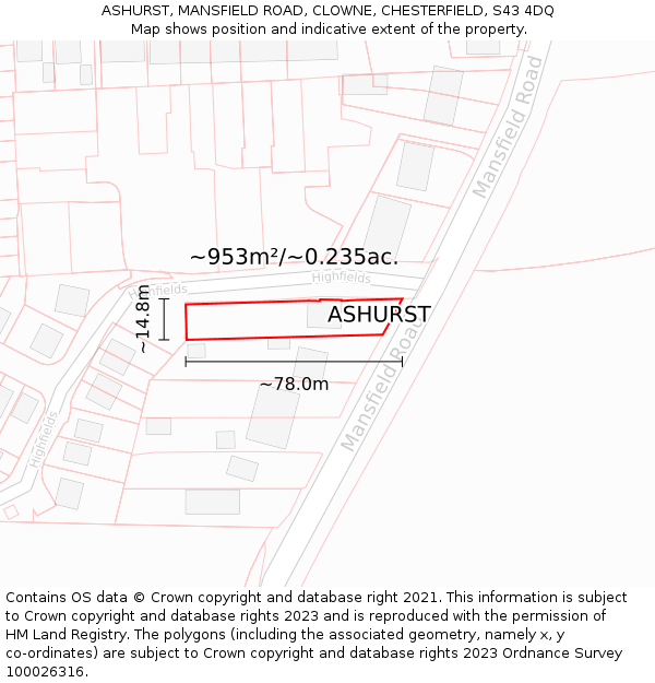 ASHURST, MANSFIELD ROAD, CLOWNE, CHESTERFIELD, S43 4DQ: Plot and title map