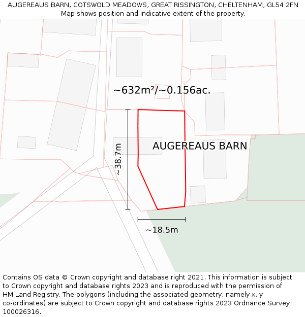 AUGEREAUS BARN, COTSWOLD MEADOWS, GREAT RISSINGTON, CHELTENHAM, GL54 2FN: Plot and title map