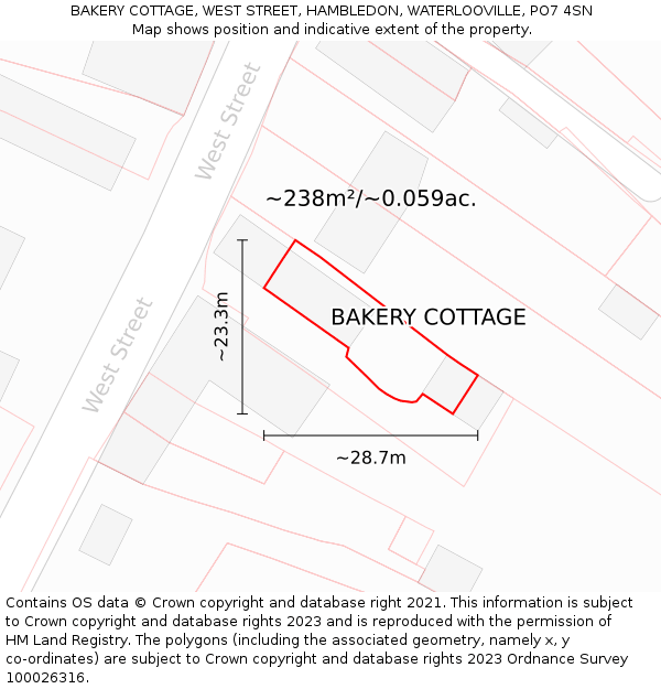 BAKERY COTTAGE, WEST STREET, HAMBLEDON, WATERLOOVILLE, PO7 4SN: Plot and title map