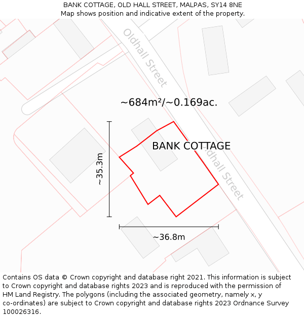 BANK COTTAGE, OLD HALL STREET, MALPAS, SY14 8NE: Plot and title map