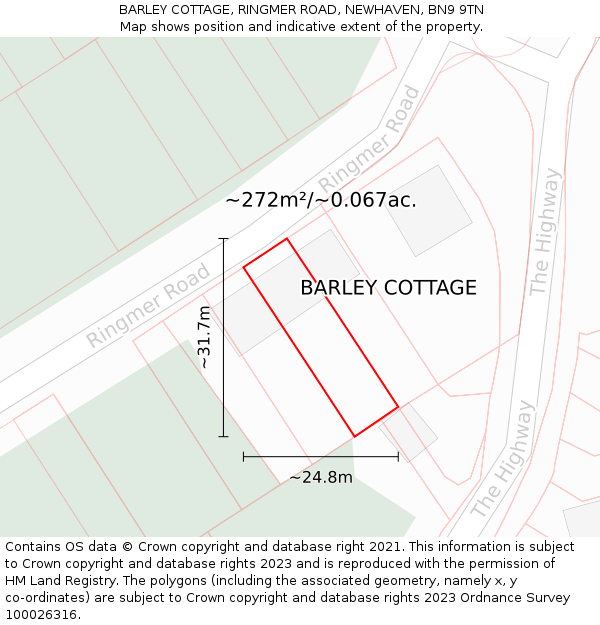 BARLEY COTTAGE, RINGMER ROAD, NEWHAVEN, BN9 9TN: Plot and title map