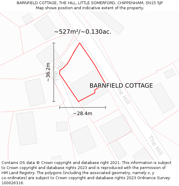 BARNFIELD COTTAGE, THE HILL, LITTLE SOMERFORD, CHIPPENHAM, SN15 5JP: Plot and title map