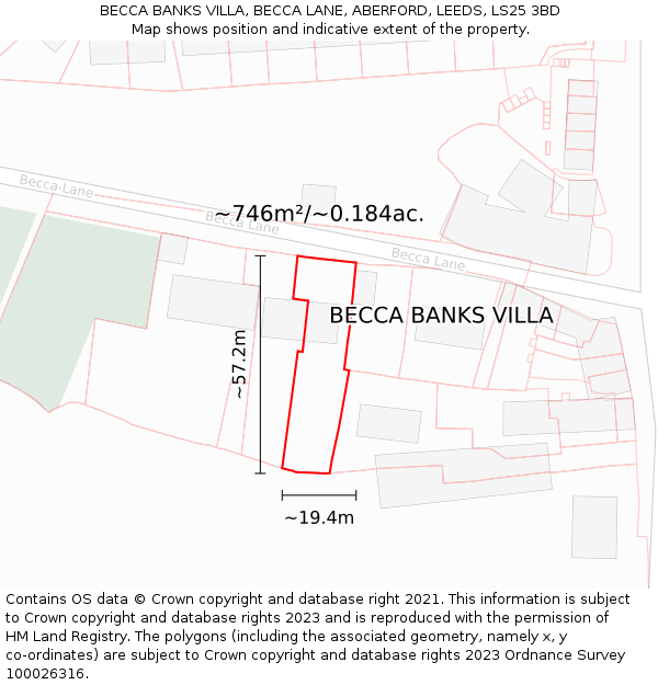 BECCA BANKS VILLA, BECCA LANE, ABERFORD, LEEDS, LS25 3BD: Plot and title map