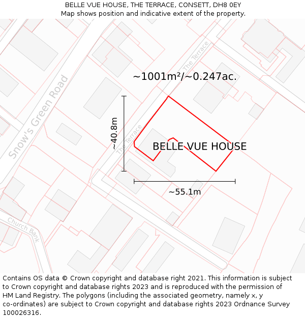 BELLE VUE HOUSE, THE TERRACE, CONSETT, DH8 0EY: Plot and title map