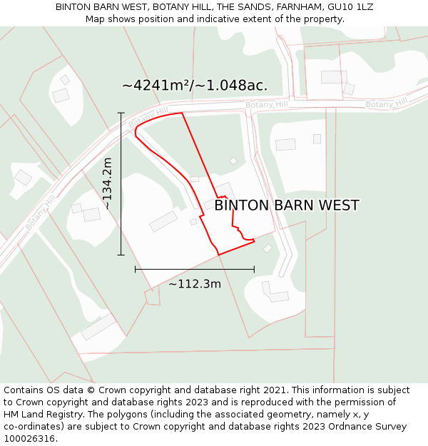 BINTON BARN WEST, BOTANY HILL, THE SANDS, FARNHAM, GU10 1LZ: Plot and title map