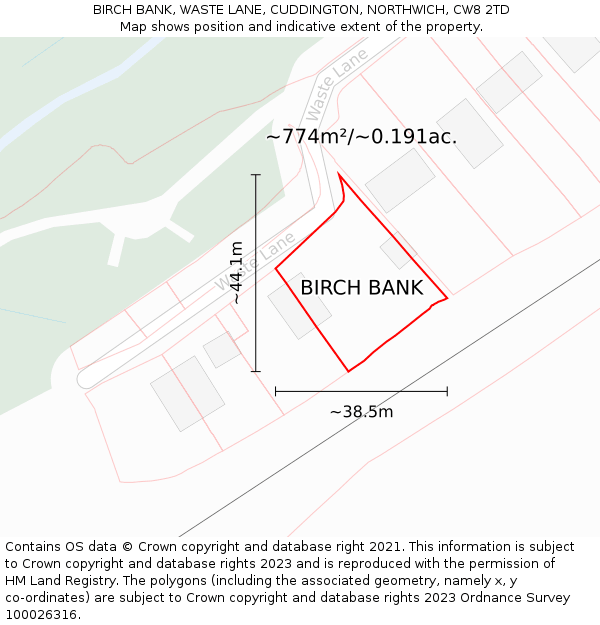 BIRCH BANK, WASTE LANE, CUDDINGTON, NORTHWICH, CW8 2TD: Plot and title map