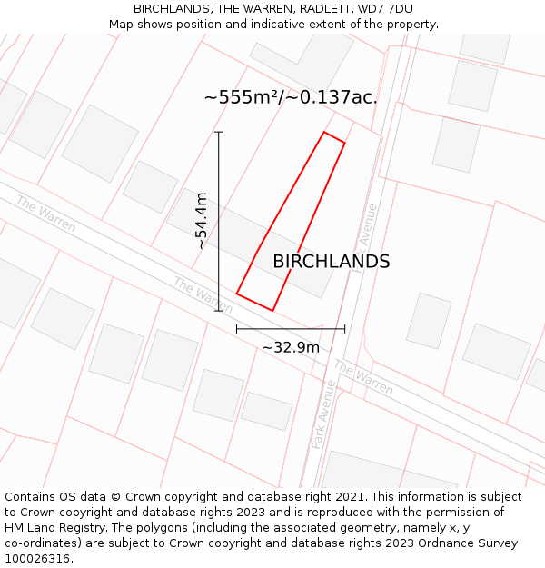 BIRCHLANDS, THE WARREN, RADLETT, WD7 7DU: Plot and title map
