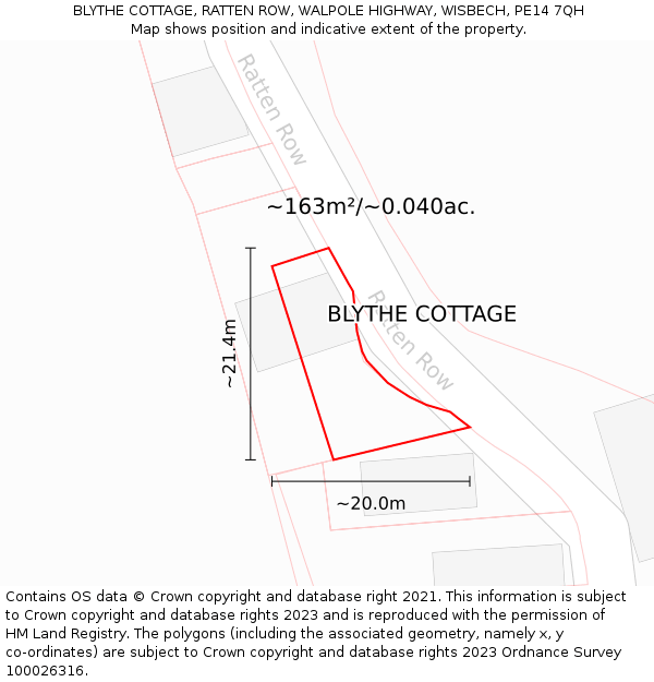 BLYTHE COTTAGE, RATTEN ROW, WALPOLE HIGHWAY, WISBECH, PE14 7QH: Plot and title map