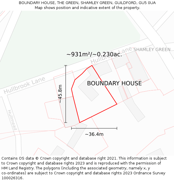 BOUNDARY HOUSE, THE GREEN, SHAMLEY GREEN, GUILDFORD, GU5 0UA: Plot and title map