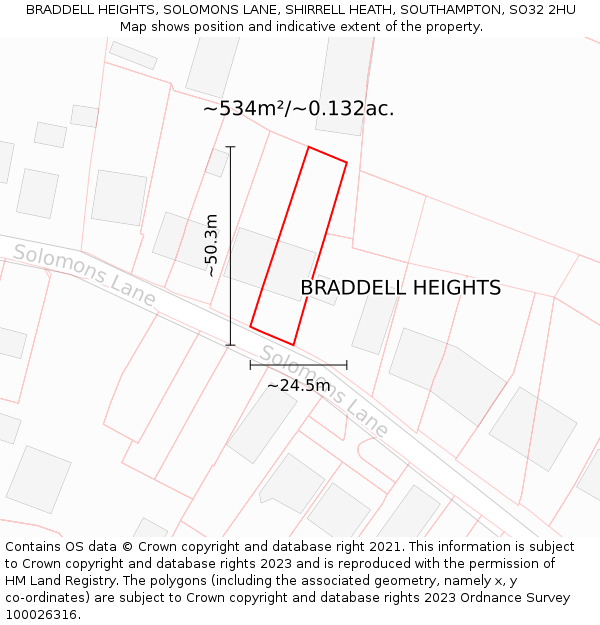 BRADDELL HEIGHTS, SOLOMONS LANE, SHIRRELL HEATH, SOUTHAMPTON, SO32 2HU: Plot and title map