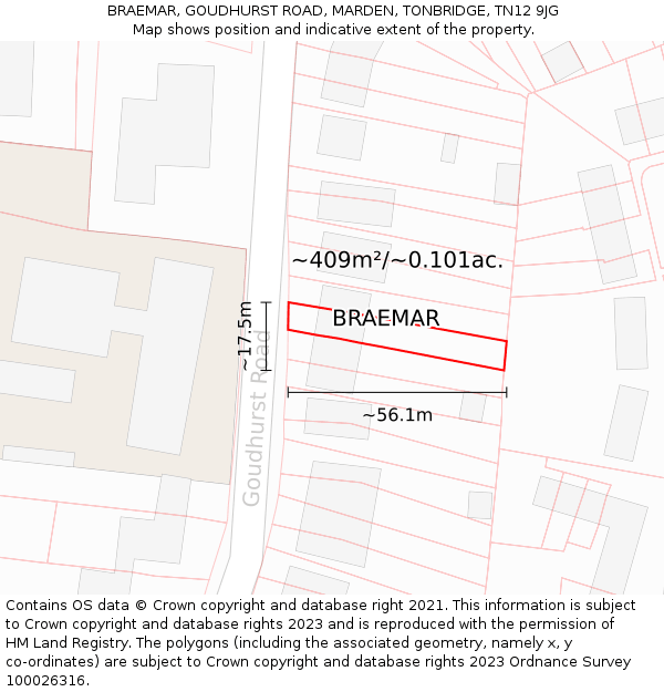 BRAEMAR, GOUDHURST ROAD, MARDEN, TONBRIDGE, TN12 9JG: Plot and title map