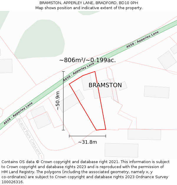 BRAMSTON, APPERLEY LANE, BRADFORD, BD10 0PH: Plot and title map