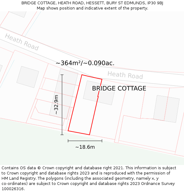 BRIDGE COTTAGE, HEATH ROAD, HESSETT, BURY ST EDMUNDS, IP30 9BJ: Plot and title map