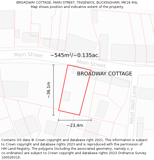 BROADWAY COTTAGE, MAIN STREET, TINGEWICK, BUCKINGHAM, MK18 4NL: Plot and title map