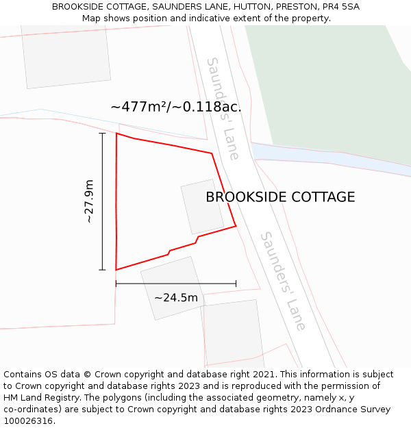 BROOKSIDE COTTAGE, SAUNDERS LANE, HUTTON, PRESTON, PR4 5SA: Plot and title map