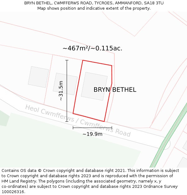 BRYN BETHEL, CWMFFERWS ROAD, TYCROES, AMMANFORD, SA18 3TU: Plot and title map