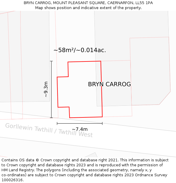 BRYN CARROG, MOUNT PLEASANT SQUARE, CAERNARFON, LL55 1PA: Plot and title map