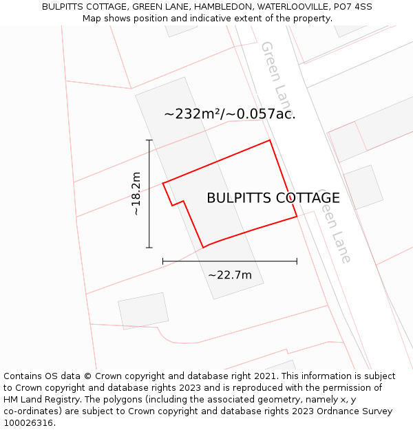 BULPITTS COTTAGE, GREEN LANE, HAMBLEDON, WATERLOOVILLE, PO7 4SS: Plot and title map