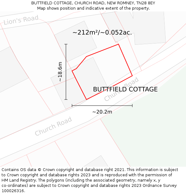 BUTTFIELD COTTAGE, CHURCH ROAD, NEW ROMNEY, TN28 8EY: Plot and title map