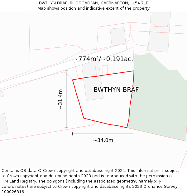 BWTHYN BRAF, RHOSGADFAN, CAERNARFON, LL54 7LB: Plot and title map