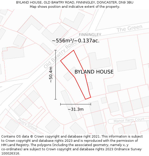 BYLAND HOUSE, OLD BAWTRY ROAD, FINNINGLEY, DONCASTER, DN9 3BU: Plot and title map