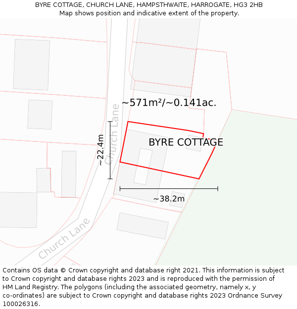 BYRE COTTAGE, CHURCH LANE, HAMPSTHWAITE, HARROGATE, HG3 2HB: Plot and title map
