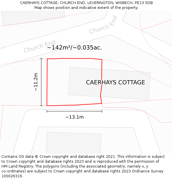 CAERHAYS COTTAGE, CHURCH END, LEVERINGTON, WISBECH, PE13 5DB: Plot and title map