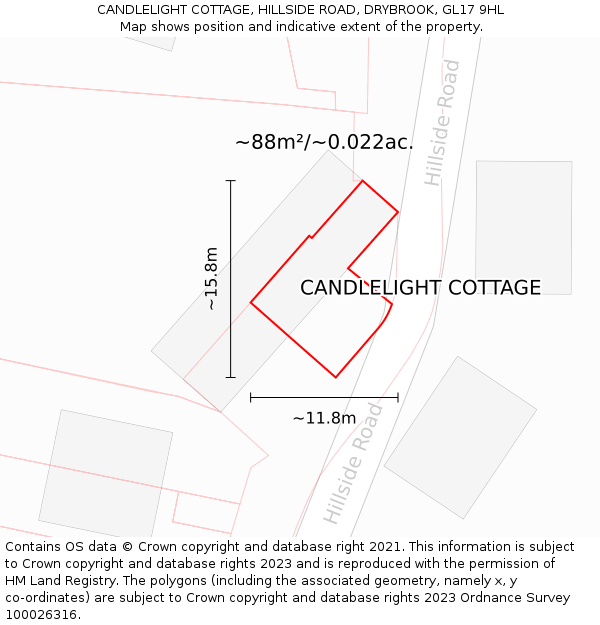 CANDLELIGHT COTTAGE, HILLSIDE ROAD, DRYBROOK, GL17 9HL: Plot and title map