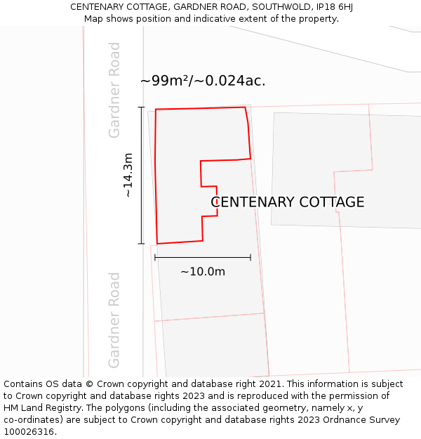 CENTENARY COTTAGE, GARDNER ROAD, SOUTHWOLD, IP18 6HJ: Plot and title map