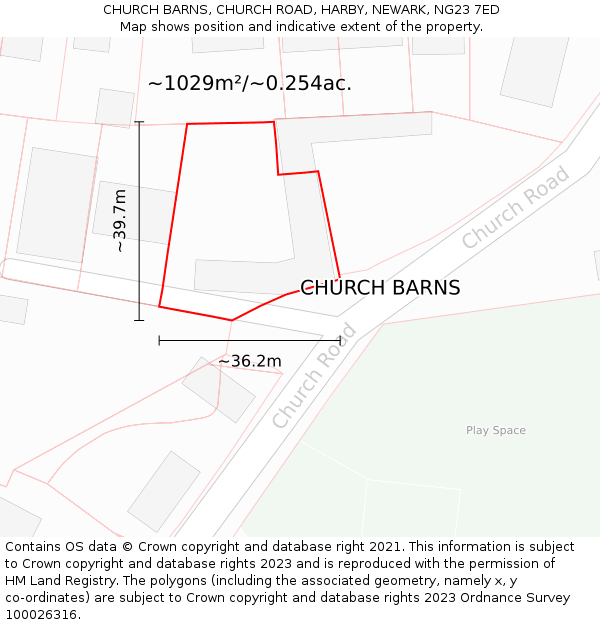 CHURCH BARNS, CHURCH ROAD, HARBY, NEWARK, NG23 7ED: Plot and title map