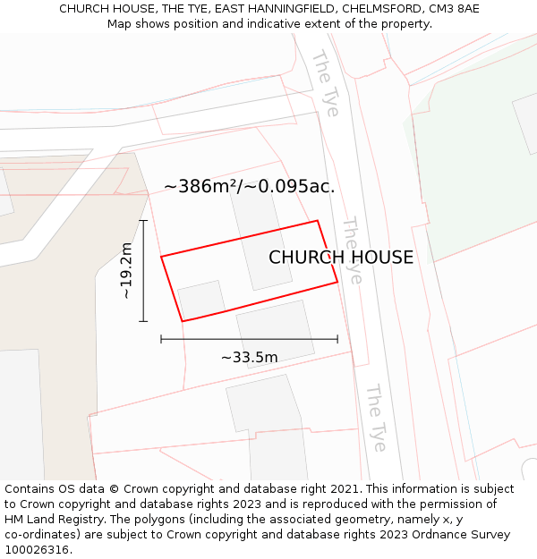 CHURCH HOUSE, THE TYE, EAST HANNINGFIELD, CHELMSFORD, CM3 8AE: Plot and title map
