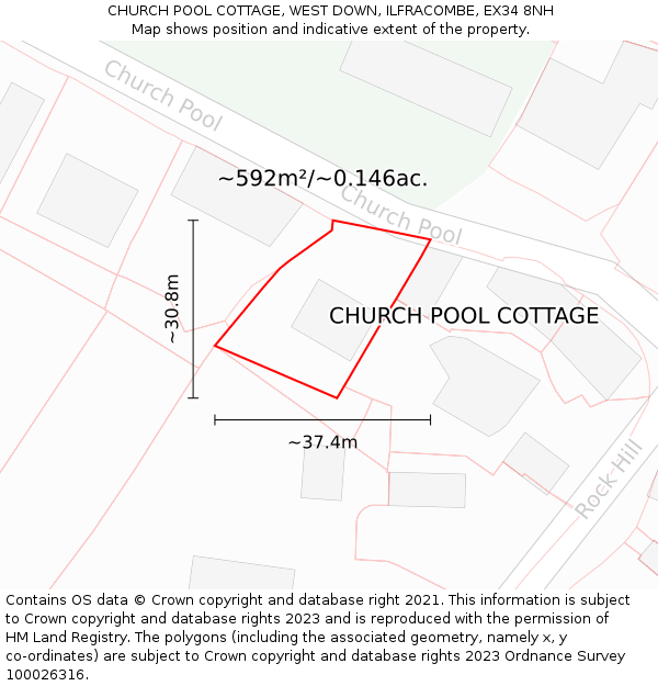 CHURCH POOL COTTAGE, WEST DOWN, ILFRACOMBE, EX34 8NH: Plot and title map