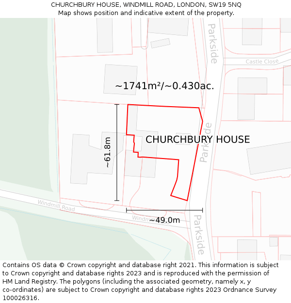 CHURCHBURY HOUSE, WINDMILL ROAD, LONDON, SW19 5NQ: Plot and title map