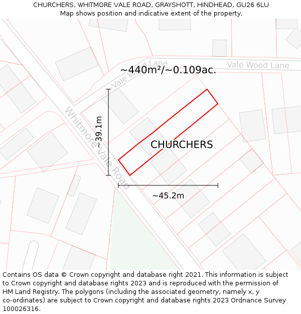 CHURCHERS, WHITMORE VALE ROAD, GRAYSHOTT, HINDHEAD, GU26 6LU: Plot and title map