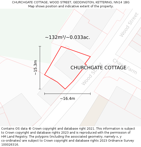 CHURCHGATE COTTAGE, WOOD STREET, GEDDINGTON, KETTERING, NN14 1BG: Plot and title map
