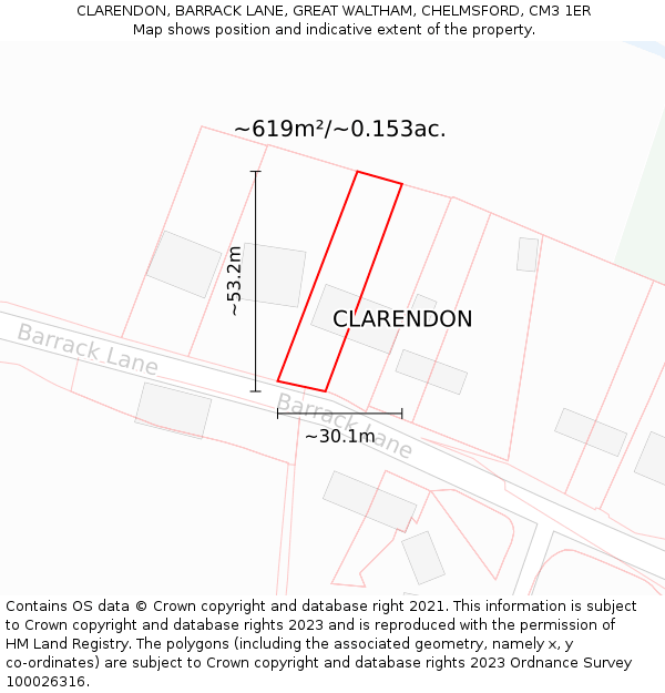 CLARENDON, BARRACK LANE, GREAT WALTHAM, CHELMSFORD, CM3 1ER: Plot and title map