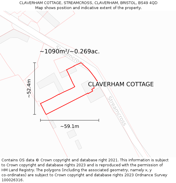 CLAVERHAM COTTAGE, STREAMCROSS, CLAVERHAM, BRISTOL, BS49 4QD: Plot and title map